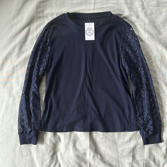 Navy Top with long lace sleeves - Picture 1 of 6